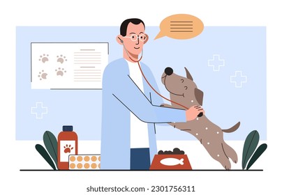 Concepto de clínica veterinaria. El hombre con estetoscopio en gafas escucha al perro, hace el diagnóstico. Un chico joven en una clínica de veterinaria revisa la salud de animales domésticos y mascotas. Dibujo vectorial plano de dibujos animados