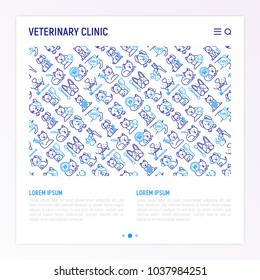 Veterinary clinic concept with thin line icons: broken leg, protective collar, injection, cardiology, cleaning of ears, shearing claws, bandage on eye, blood transfusion for dog. Vector illustration.