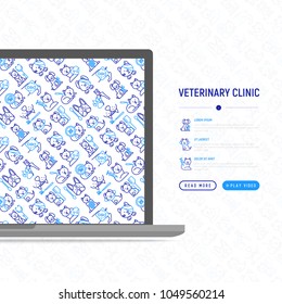 Veterinary clinic concept with thin line icons: broken leg, protective collar, injection, cardiology, cleaning of ears, teeth, shearing claws, bandage on eye, blood transfusion. Vector illustration.