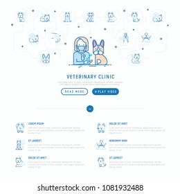 Veterinary clinic concept. Thin line icons: injection, cardiology, cleaning of ears, teeth, shearing claws, broken leg. Vector illustration, web page template.