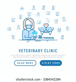 Veterinary clinic concept. Thin line icons: injection, cardiology, cleaning of ears, teeth, shearing claws, broken leg. Vector illustration, web page template.