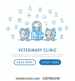 Veterinary clinic concept. Thin line icons: injection, cardiology, cleaning of ears, teeth, shearing claws, broken leg. Vector illustration, web page template.