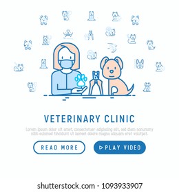 Veterinary clinic concept. Thin line icons: injection, cardiology, cleaning of ears, teeth, shearing claws, broken leg. Vector illustration, web page template.