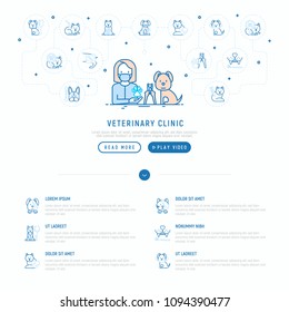 Veterinary clinic concept. Thin line icons: injection, cardiology, cleaning of ears, teeth, shearing claws, broken leg. Vector illustration, web page template.
