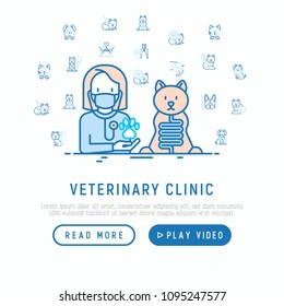 Veterinary clinic concept. Thin line icons: injection, cardiology, cleaning of ears, teeth, shearing claws, broken leg. Vector illustration, web page template.