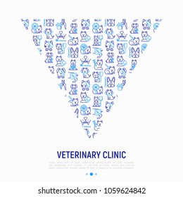 Veterinary clinic concept in triangle with thin line icons: broken leg, protective collar, injection, cardiology, cleaning of ears, teeth, shearing claws, bandage on eye. Vector illustration.