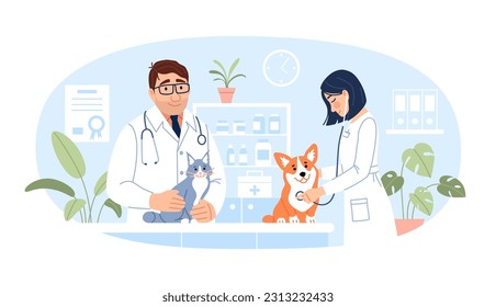 Veterinary clinic concept. Young male, female veterinarians with dog and cat are doing veterinary exam on hospital background. Cute animal diagnostics design Flat line pet medicine vector illustration