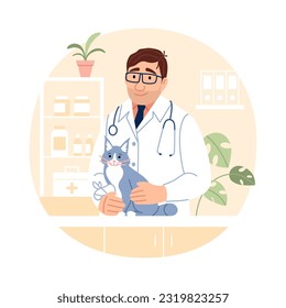 Veterinary clinic concept. Young male veterinarian holding cute cat with injured hurt paw fracture on pet hospital background. Cute animal diagnostics design Flat line pet medicine vector illustration