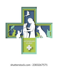 Veterinary clinic creative papercut design for advertising promotion poster. Female doctor providing healthcare service or medical center for domestic animals in cross shape frame vector illustration