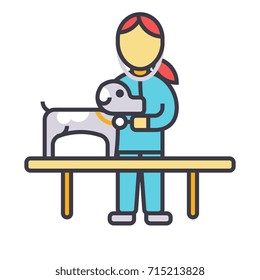 Veterinary clinic, doctor with dog flat line illustration, concept vector isolated icon 