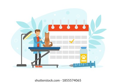 Veterinary Clinic Doctor Examining and Treating Dog, Pets Healthcare, Medical Treatment, Prevention and Vaccination Cartoon Style Vector Illustration