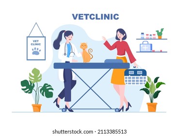 Veterinary Clinic Doctor Examining, Vaccination and Health care for Pets Like Dogs and Cats in Flat Cartoon Background Vector Illustration for Poster or Banner