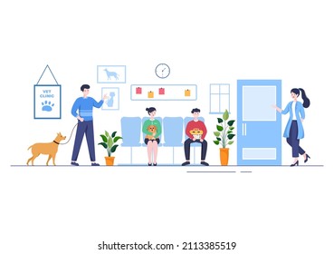 Veterinary Clinic Doctor Examining, Vaccination and Health care for Pets Like Dogs and Cats in Flat Cartoon Background Vector Illustration for Poster or Banner
