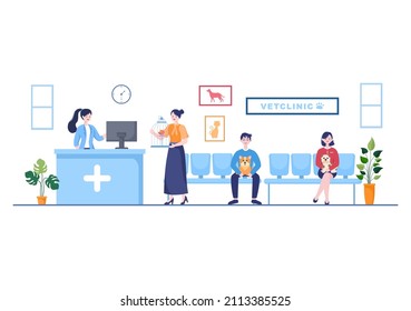 Veterinary Clinic Doctor Examining, Vaccination and Health care for Pets Like Dogs and Cats in Flat Cartoon Background Vector Illustration for Poster or Banner