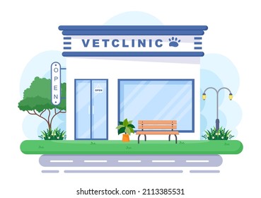 Examen médico de clínica veterinaria, vacunación y atención de la salud para mascotas como perros y gatos en caricatura plana Ilustración vectorial para afiches o pancartas