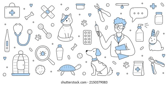 Veterinary clinic with doctor hold syringe, sick pets with bandage, grooming tools, cage, and stethoscope. Vector hand drawn illustration with man veterinarian, cat, dog, rabbit and turtle