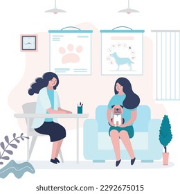 Veterinary clinic, doctor talking pet owner, vaccination. Woman veterinarian doctor examines dog. Vet clinic, animal care, pet medical treatment. Dog visit veterinary for check up health. flat vector