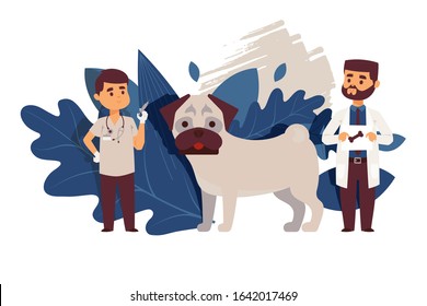 Veterinary clinic for dogs, doctor in uniform cartoon character vector illustration. Pet healthcare center, professional vet, animal vaccination. Cute large puppy, smiling veterinarian with syringe