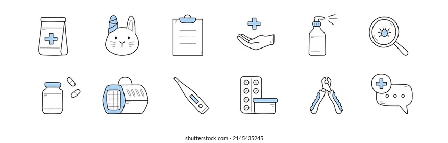 Veterinary clinic doodle icons pet with bandaged ear, bag with cross, prescription and hand, sprayer bottle, mite under magnifier, medical pills and bottle, thermometer, clippers, Linear vector set