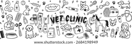 veterinary clinic doodle vector set with animals and pet care icons

