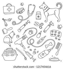 Veterinary clinic, drugstore and set of medical tools. Vector illustration, doodle. Treatment of animals.