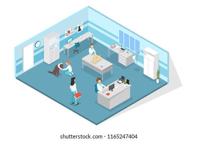 Veterinary clinic examination room interior. Animal treatment. Doctors and sick pets. Isolated isometric vector illustration