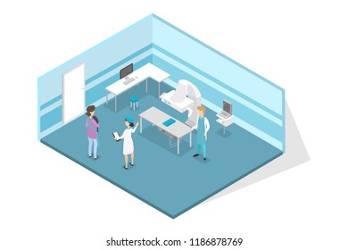 Veterinary clinic examination room interior. Animal treatment. Doctors and sick pets. Owner holding a pet cat patient. Isolated isometric vector illustration