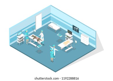 Veterinary clinic examination room interior. Animal treatment. Doctors and sick pets. Surgeon prepare for surgery. Isolated isometric vector illustration