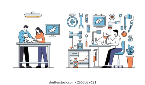 Exame médico veterinário de um gato doente por um veterinário habilitado e um proprietário de animal de estimação preocupado recebendo cuidados médicos profissionais para seu companheiro felino amado
