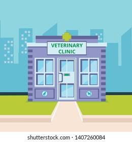 Veterinary Clinic Exterior Flat Color Illustration. Animal Hospital in Cityscape. Comfortable Building with Signboard, Green Lawn. Cartoon Pet Care Center. Vet Clinic with Cityscape Background