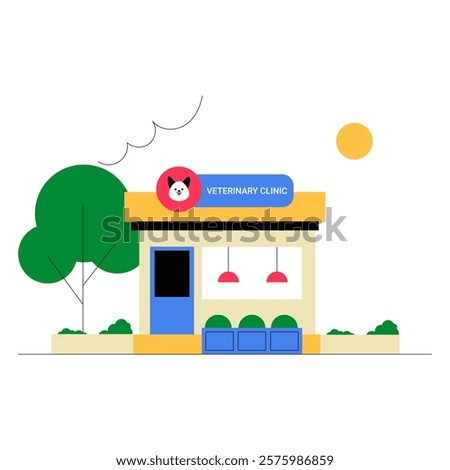 Veterinary Clinic Exterior In Flat Vector Illustration Symbolizing Pet Healthcare, Animal Services, And Modern Facilities, Isolated On White Background