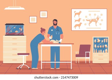 Veterinary clinic flat background with male and female pet doctors conducting medical procedure for cat vector illustration