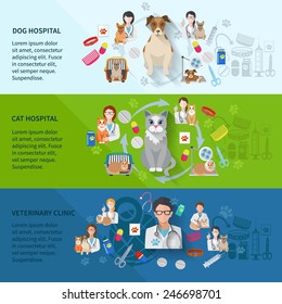 Veterinary clinic flat horizontal banner set with dog and cat hospital isolated vector illustration