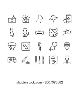 Veterinary clinic flat line icons set. Stethoscope, xray, broken leg, protective collar, injection, cleaning teeth. Simple flat vector illustration for clinic, web site or mobile app. Editable stroke. svg