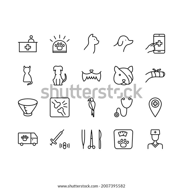Veterinary clinic flat line icons set.\
Stethoscope, xray, broken leg, protective collar, injection,\
cleaning teeth. Simple flat vector illustration for clinic, web\
site or mobile app. Editable\
stroke.