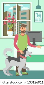 Veterinary Clinic Flat Vector Color Illustration. Dog Lover with Husky on Veterinary Clinic Reception. Bearded Man and Dog Cartoon Character. Pet Care Service Vertical Drawing. Animal Hospital Concept