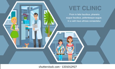 Veterinary Clinic Flat Web Banner Vector Template. Vet Office Interior. Cartoon Pet Owners Queue. Veterinarian Appointment. Pet Care Service Poster. Animal Hospital Illustrations with Text Space