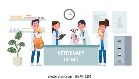 Veterinary clinic, healthcare service or medical center for domestic animals. Flat cartoon colorful vector illustration.