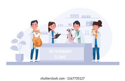 Veterinary clinic, healthcare service or medical center for domestic animals. Flat cartoon colorful vector illustration.