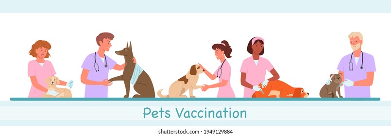 Veterinary clinic hospital, healthcare service vector illustration set. Cartoon visit to veterinarian doctor woman man characters, pet dog domestic animals on medical vet checkup isolated on white.