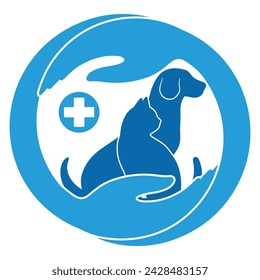 Veterinary clinic icon. Dog and cat with a human hand and a medical cross on a white background.