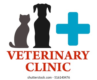 veterinary clinic icon with dog, cat and medical cross silhouette. animal pet health care symbol