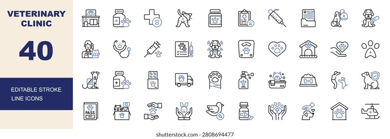 Veterinary clinic icon set. Editable line icons pet care, animal health, vaccination, dog and cat vector illustration