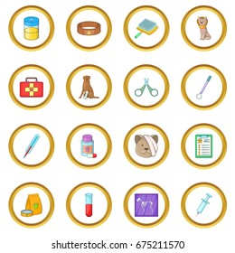 Veterinary clinic icons circle gold in cartoon style isolate on white background vector illustration