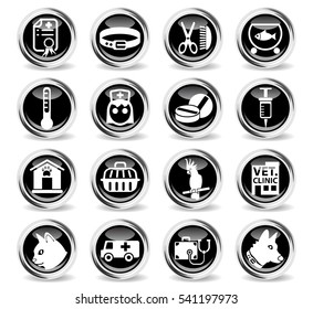 veterinary clinic icons on stylish round chromed buttons