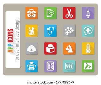 veterinary clinic icons set in flat design with long shadow