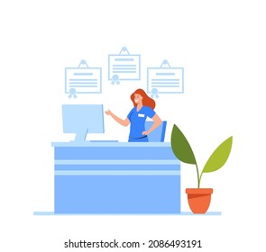 Veterinary Clinic Interior With Administrator Girl Stand On Reception Desk Meeting Visitors With Diseased Animals In Vet Hospital, Pets Medicine And Medical Care. Cartoon People Vector Illustration