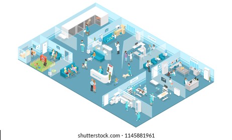 Interior de clínica veterinaria con recepción, sala de espera, sala de exámenes y salas de operaciones. Tratamiento con animales. Médicos y mascotas enfermas. Ilustración isométrica vectorial aislada