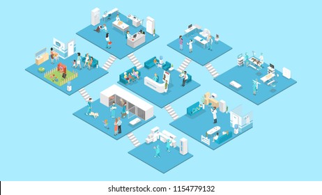 Veterinary clinic interior with reception, waiting hall, examination and operating rooms. Animal treatment. Doctors and sick pets. Isolated isometric vector illustration