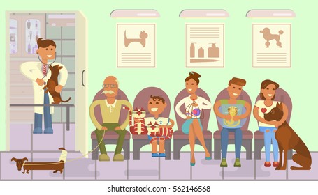 Veterinary clinic interior. Turn to the veterinarian. Doctor treats a dog, people with pets are waiting. Boy and cats, senior and dachshund, boy and snake, girl and mastiff. Vector illustration eps 10